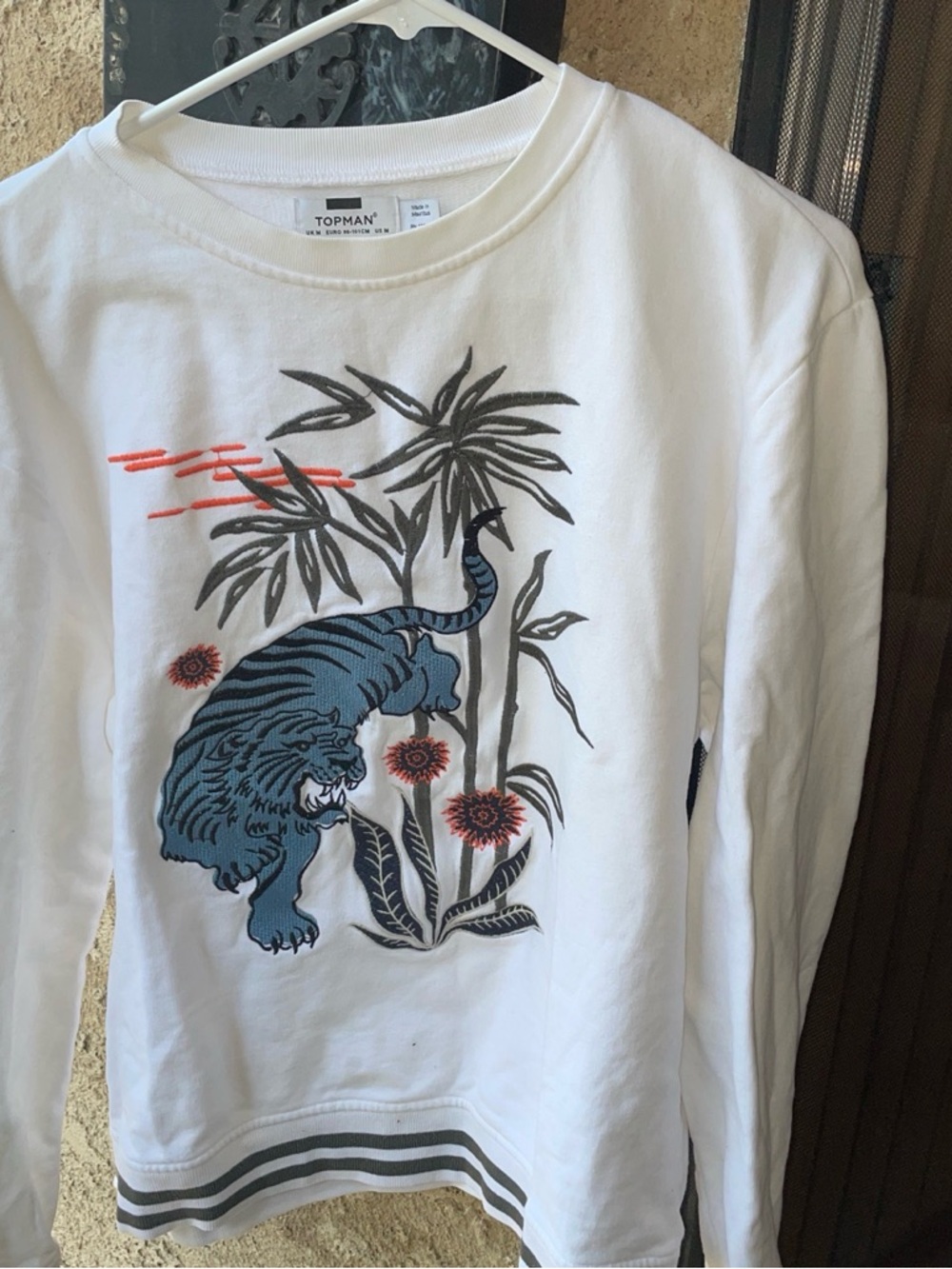 TOPMAN White Sweatshirt with Blue Tiger and Orange Accents